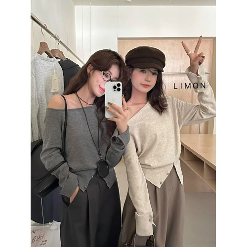 法式別致氣質斜肩長袖針織衫女秋冬修身顯瘦內搭打底上衣露肩毛衣 法式別致氣質斜肩長袖針織衫女秋冬修身顯瘦內搭打底上衣露肩毛衣