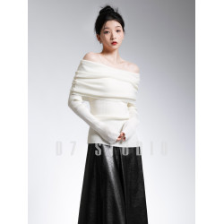 法式一字肩堆堆領針織衫女露肩修身外穿上衣打底衫春秋高級感毛衣