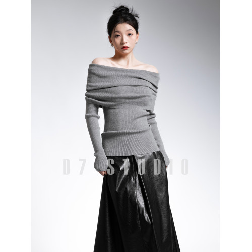 法式一字肩堆堆領針織衫女露肩修身外穿上衣打底衫春秋高級感毛衣