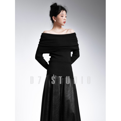 法式一字肩堆堆領針織衫女露肩修身外穿上衣打底衫春秋高級感毛衣