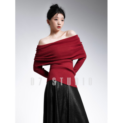 法式一字肩堆堆領針織衫女露肩修身外穿上衣打底衫春秋高級感毛衣