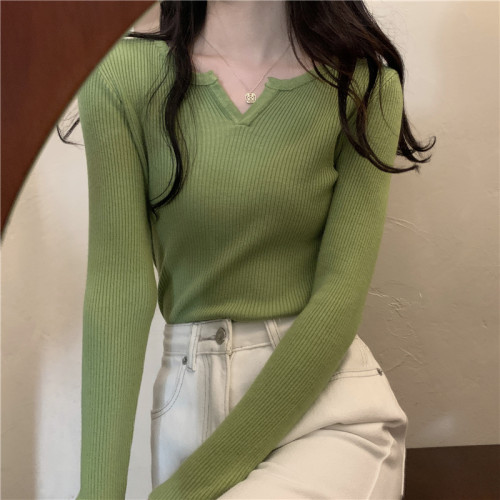 黑色洋氣小衫秋冬緊身法式V領毛衣長袖薄款秋冬針織衫打底上衣女