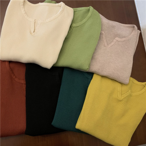 黑色洋氣小衫秋冬緊身法式V領毛衣長袖薄款秋冬針織衫打底上衣女