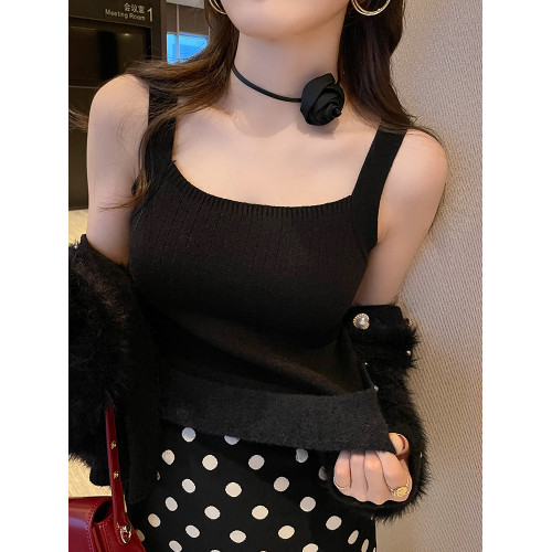 保暖方領吊帶背心女2025秋冬季新款針織加絨加厚內搭打底白色上衣