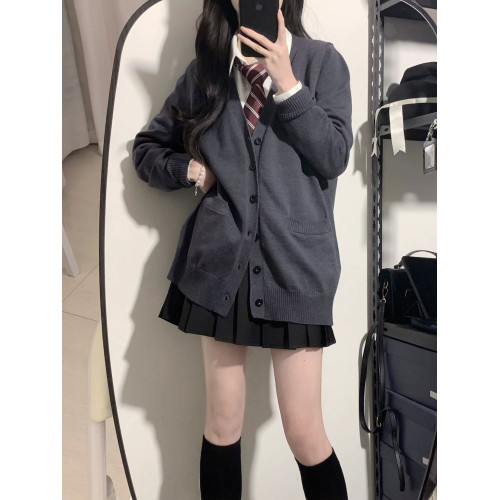 JK製服春秋日系學院風外搭寬松純色毛衣針織開衫薄款長袖外套女 JK製服春秋日系學院風外搭寬松純色毛衣針織開衫薄款長袖外套女