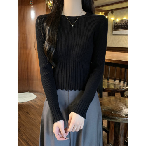 秋冬新款法式緊身圓領黑色坑條上衣女內搭高級感針織打底衫毛衣潮 秋冬新款法式緊身圓領黑色坑條上衣女內搭高級感針織打底衫毛衣潮