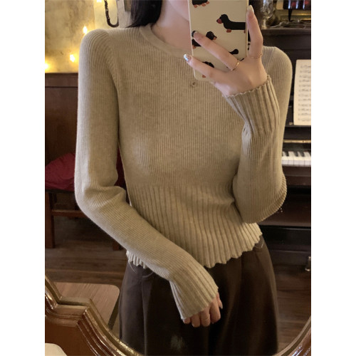 秋冬新款法式緊身圓領黑色坑條上衣女內搭高級感針織打底衫毛衣潮 秋冬新款法式緊身圓領黑色坑條上衣女內搭高級感針織打底衫毛衣潮