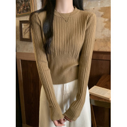 法式圓領黑色長袖毛衣衫女秋冬高級設計感純欲針織打底衫歐貨上衣