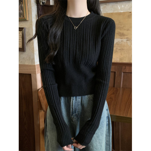 法式圓領黑色長袖毛衣衫女秋冬高級設計感純欲針織打底衫歐貨上衣 法式圓領黑色長袖毛衣衫女秋冬高級設計感純欲針織打底衫歐貨上衣