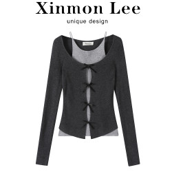 XinmonLee高級感灰色蝴蝶結假兩件長袖針織衫早秋修身辣妹T恤女