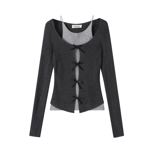 XinmonLee高級感灰色蝴蝶結假兩件長袖針織衫早秋修身辣妹T恤女 XinmonLee高級感灰色蝴蝶結假兩件長袖針織衫早秋修身辣妹T恤女