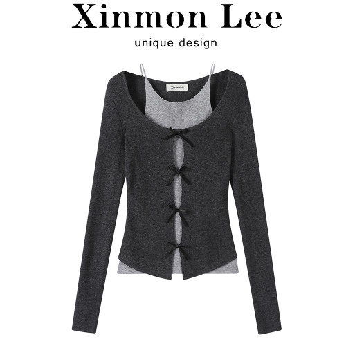 XinmonLee高級感灰色蝴蝶結假兩件長袖針織衫早秋修身辣妹T恤女 XinmonLee高級感灰色蝴蝶結假兩件長袖針織衫早秋修身辣妹T恤女