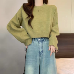 圓領加厚百搭套頭長袖針織衫女早秋季寬松外穿毛衣小個子短款上衣