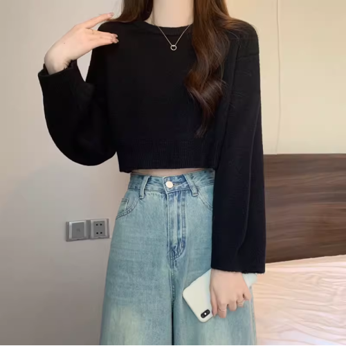 圓領加厚百搭套頭長袖針織衫女早秋季寬松外穿毛衣小個子短款上衣 圓領加厚百搭套頭長袖針織衫女早秋季寬松外穿毛衣小個子短款上衣