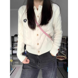 白色短款麻花針織開衫女春秋學院風修身內搭打底衫毛衣外套春秋