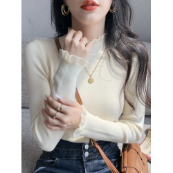 2025年秋季絕美蕾絲半高領長袖針織衫女修身內搭加絨毛衣打底上衣