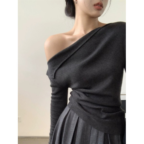 性感斜領針織衫女秋冬不規則設計感毛衣一字露肩修身收腰好看上衣