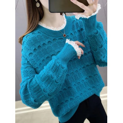 2025春裝針織打底衫女蕾絲拼接新款洋氣寬松顯瘦鏤空薄款內搭毛衣