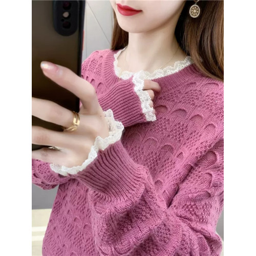 2025春裝針織打底衫女蕾絲拼接新款洋氣寬松顯瘦鏤空薄款內搭毛衣 2025春裝針織打底衫女蕾絲拼接新款洋氣寬松顯瘦鏤空薄款內搭毛衣