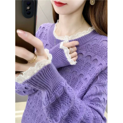 2025春裝針織打底衫女蕾絲拼接新款洋氣寬松顯瘦鏤空薄款內搭毛衣 2025春裝針織打底衫女蕾絲拼接新款洋氣寬松顯瘦鏤空薄款內搭毛衣