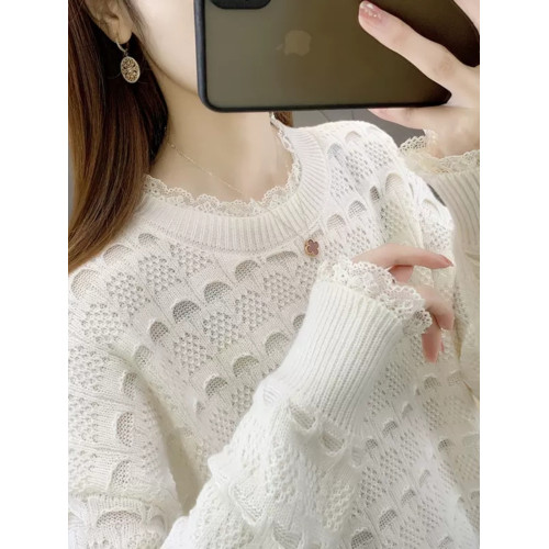 2025春裝針織打底衫女蕾絲拼接新款洋氣寬松顯瘦鏤空薄款內搭毛衣 2025春裝針織打底衫女蕾絲拼接新款洋氣寬松顯瘦鏤空薄款內搭毛衣