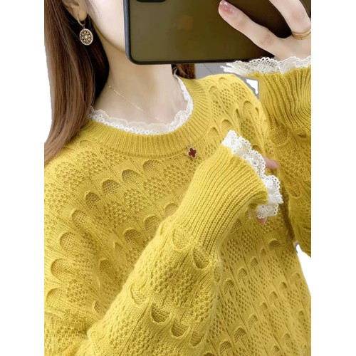 2025春裝針織打底衫女蕾絲拼接新款洋氣寬松顯瘦鏤空薄款內搭毛衣 2025春裝針織打底衫女蕾絲拼接新款洋氣寬松顯瘦鏤空薄款內搭毛衣