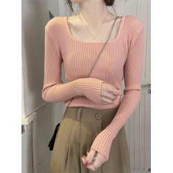 鎖骨毛衣方領打底衫女秋冬款內搭針織衫時尚顯瘦坑條別致法式上衣