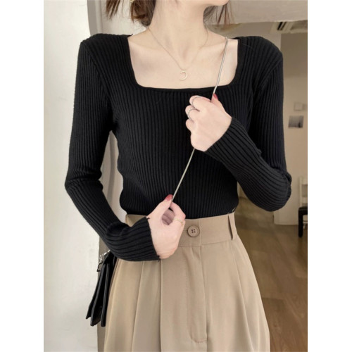 鎖骨毛衣方領打底衫女秋冬款內搭針織衫時尚顯瘦坑條別致法式上衣