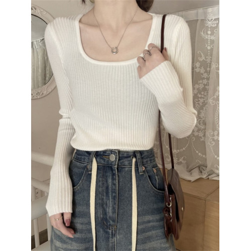 鎖骨毛衣方領打底衫女秋冬款內搭針織衫時尚顯瘦坑條別致法式上衣