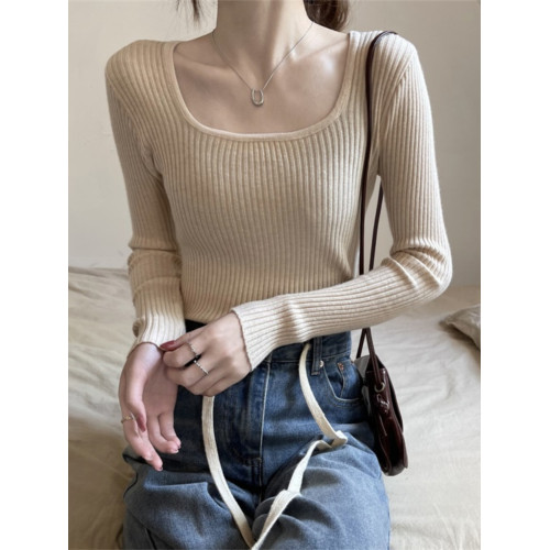 鎖骨毛衣方領打底衫女秋冬款內搭針織衫時尚顯瘦坑條別致法式上衣