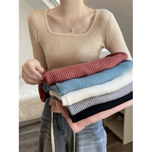 鎖骨毛衣方領打底衫女秋冬款內搭針織衫時尚顯瘦坑條別致法式上衣