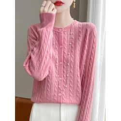 2024冬新款100純羊絨針織開衫外套女秋冬新款圓領提花外搭毛衣潮