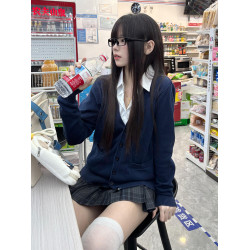 原創JK開衫外套女日系毛衣秋冬季濃紺色針織衫學院風曡穿加厚上衣