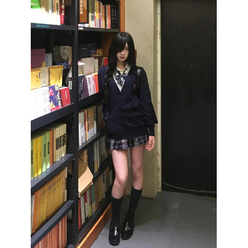 原創JK開衫外套女日系毛衣秋冬季濃紺色針織衫學院風曡穿加厚上衣