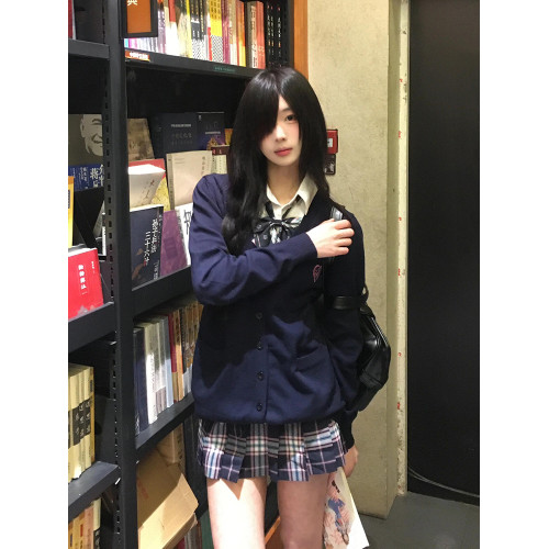 原創JK開衫外套女日系毛衣秋冬季濃紺色針織衫學院風曡穿加厚上衣