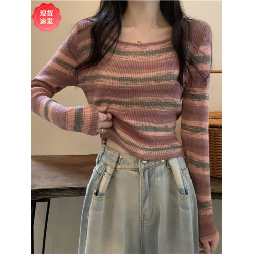 撞色條紋方領T恤女秋季針織衫長袖法式短款小款設計感上衣小衆潮 撞色條紋方領T恤女秋季針織衫長袖法式短款小款設計感上衣小衆潮
