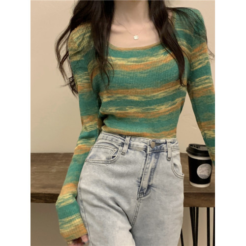 撞色條紋方領T恤女秋季針織衫長袖法式短款小款設計感上衣小衆潮 撞色條紋方領T恤女秋季針織衫長袖法式短款小款設計感上衣小衆潮