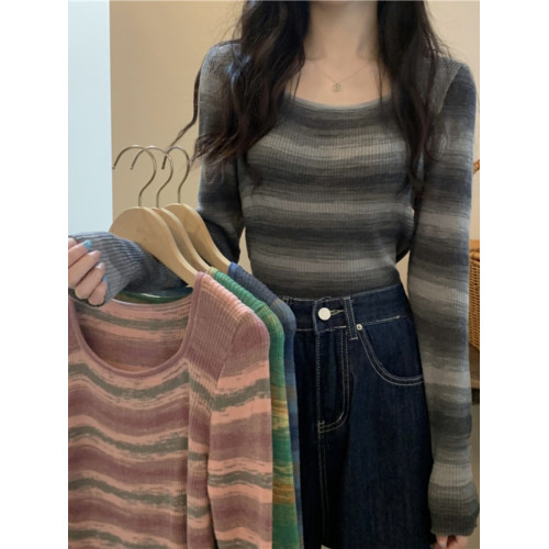 撞色條紋方領T恤女秋季針織衫長袖法式短款小款設計感上衣小衆潮 撞色條紋方領T恤女秋季針織衫長袖法式短款小款設計感上衣小衆潮