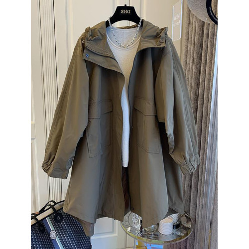 特大碼2-300斤春秋季薄款中長款寬松風衣女胖MM連帽工裝外套ins潮