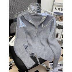 溫柔風粉色連帽毛衣外套女秋冬新款雙拉鍊針織開衫短款上衣小個子