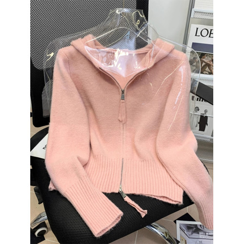 溫柔風粉色連帽毛衣外套女秋冬新款雙拉鍊針織開衫短款上衣小個子 溫柔風粉色連帽毛衣外套女秋冬新款雙拉鍊針織開衫短款上衣小個子