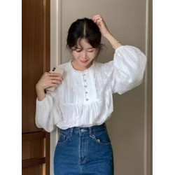 韓國chic溫柔風褶皺小花邊設計長袖襯衫女甜美小衫春春秋百搭上衣