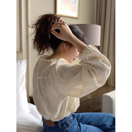 韓國chic溫柔風褶皺小花邊設計長袖襯衫女甜美小衫春春秋百搭上衣