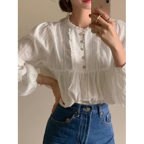 韓國chic溫柔風褶皺小花邊設計長袖襯衫女甜美小衫春春秋百搭上衣