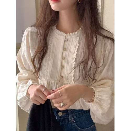 韓國chic溫柔風褶皺小花邊設計長袖襯衫女甜美小衫春春秋百搭上衣