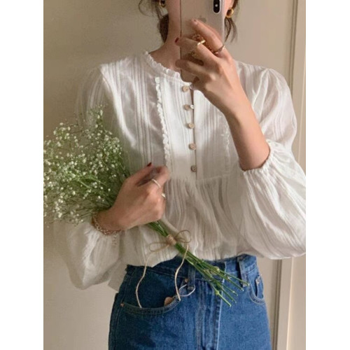 韓國chic溫柔風褶皺小花邊設計長袖襯衫女甜美小衫春春秋百搭上衣
