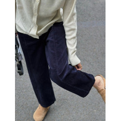 藏青色燈芯絨濶腿褲女大碼日系奶奶褲胖妹妹mm秋冬款加絨加厚褲子