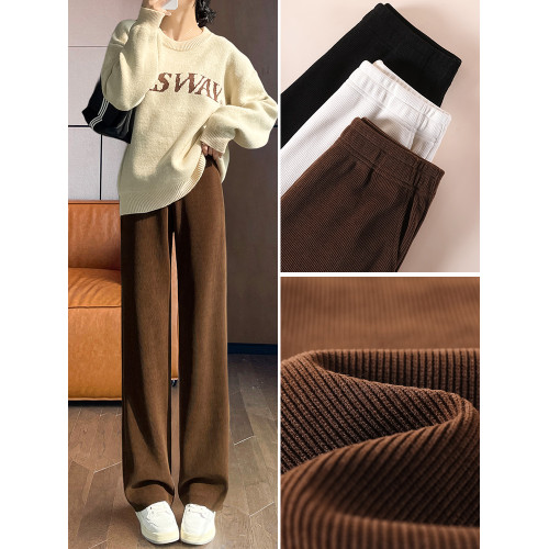 咖色燈芯絨濶腿褲女秋冬2025新款小個子雪尼爾高腰加絨窄版直筒褲