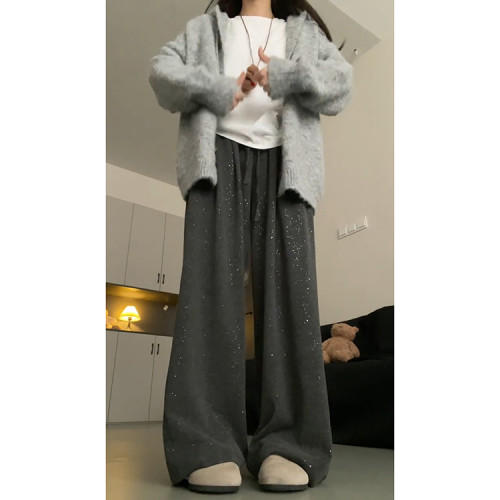 深灰色復古針織糯米褲女春夏季2025新款亮片慵懶休閒褲顯瘦濶腿褲 深灰色復古針織糯米褲女春夏季2025新款亮片慵懶休閒褲顯瘦濶腿褲
