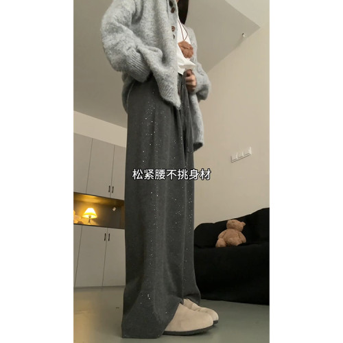 深灰色復古針織糯米褲女春夏季2025新款亮片慵懶休閒褲顯瘦濶腿褲 深灰色復古針織糯米褲女春夏季2025新款亮片慵懶休閒褲顯瘦濶腿褲